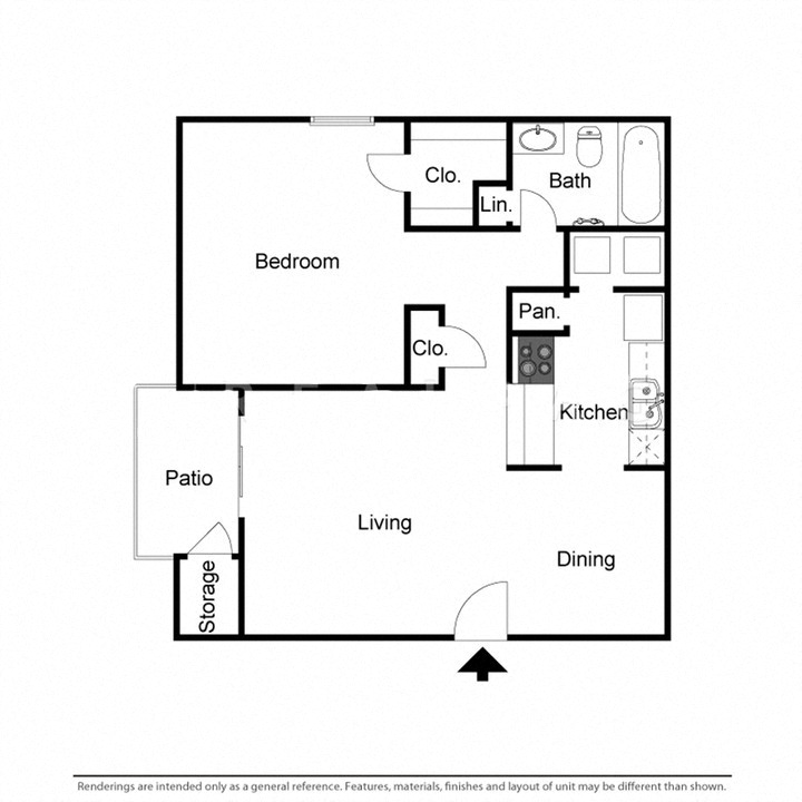 Floor plan for 1 bed, 1 bath, 614 sqft